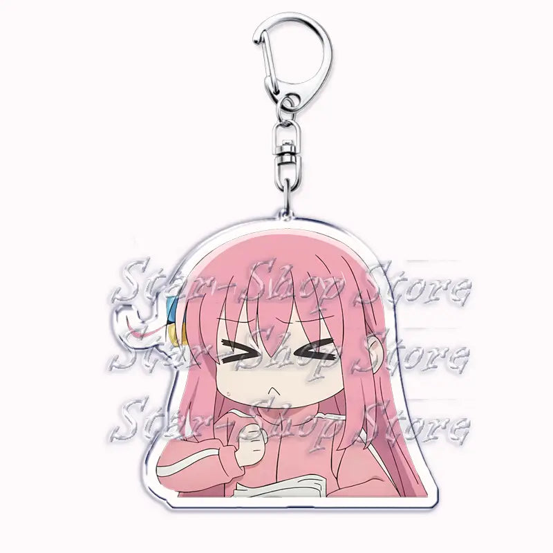 Pink-haired anime character acrylic keychain from Bocchi the Rock with a clear acrylic body and silver metal clasp.