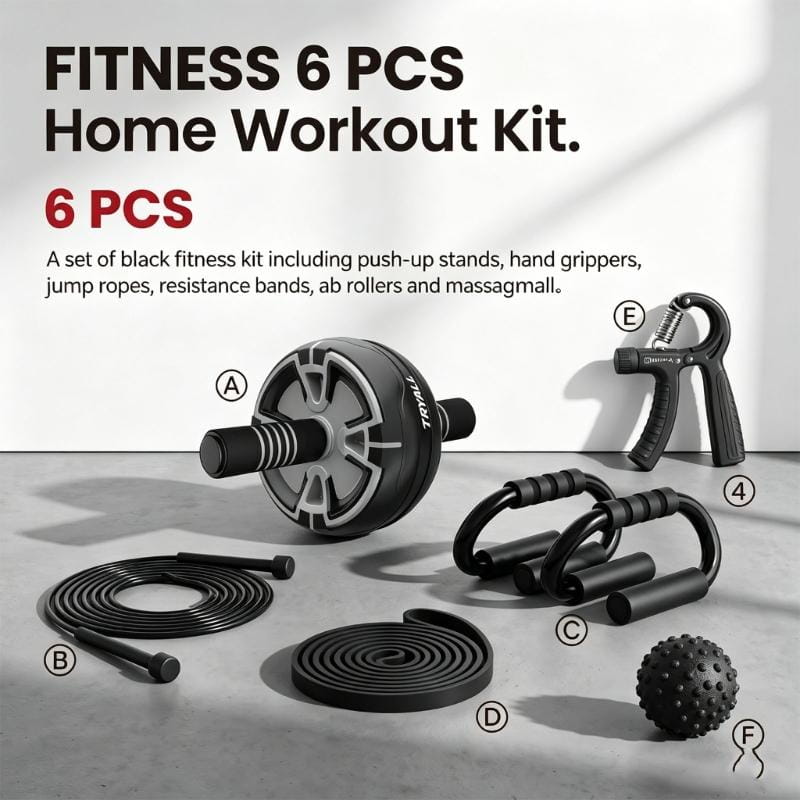 Black ab roller with silver accents and tryall branding featuring real time tracking in a 6-in-1 ab roller wheel set designed for core workouts.