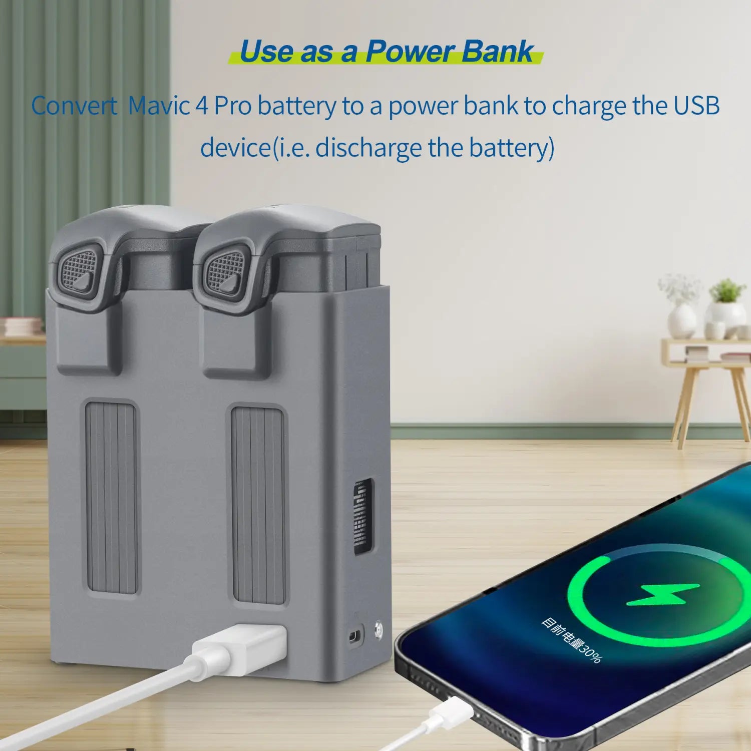 gray DJI Mavic 4 Pro dual battery charger hub repurposed as a power bank with two integrated compartments and USB ports for charging devices