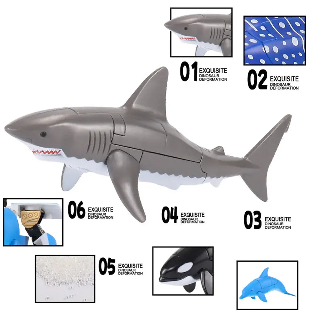 Gray plastic shark toy with articulated joints and red gill markings featured as finished goods in the shark transforming robot toy product.