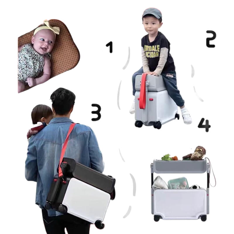 Graue und schwarze klappbare Kinder fahren auf Rollgepäck mit einem Handgepäckkoffer, mit rotem Riemen für kompaktes Reisen.