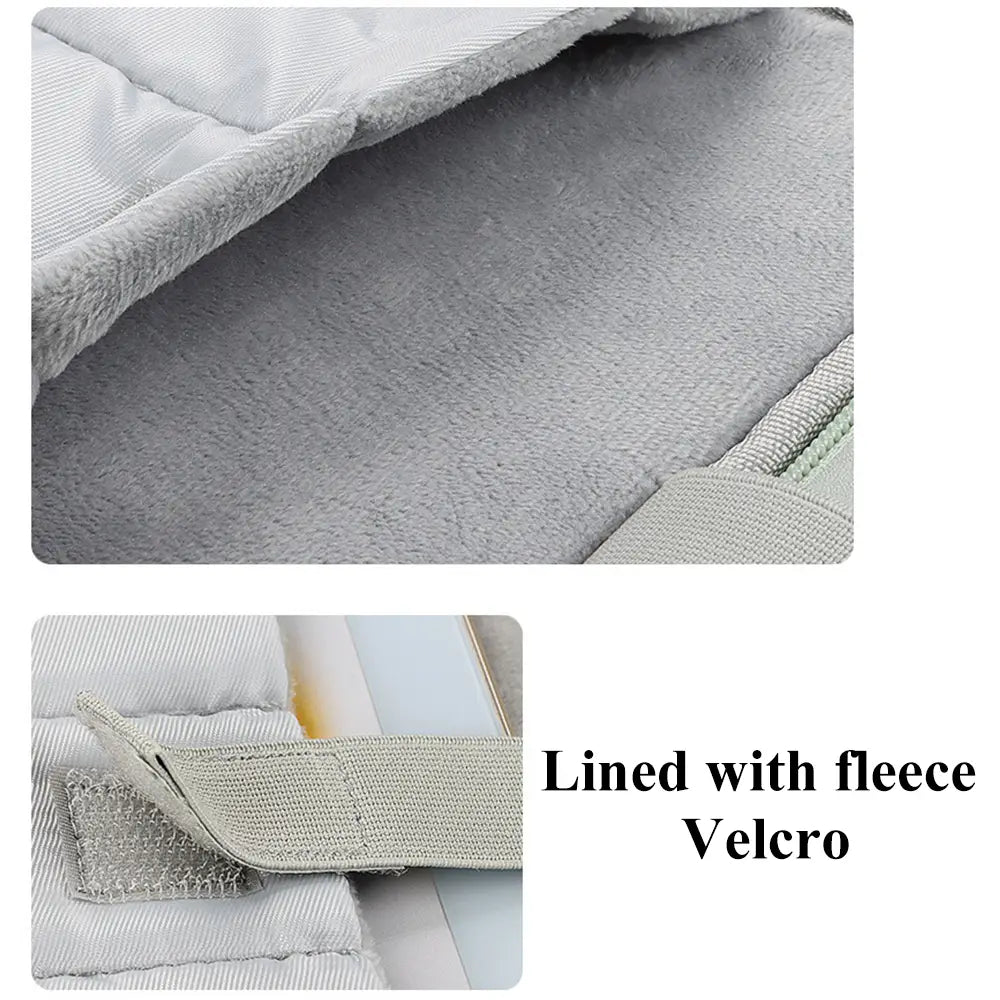 Gray fleece-lined laptop sleeve with velcro closure designed for 11 to 13 inch laptops in a pink padded case.