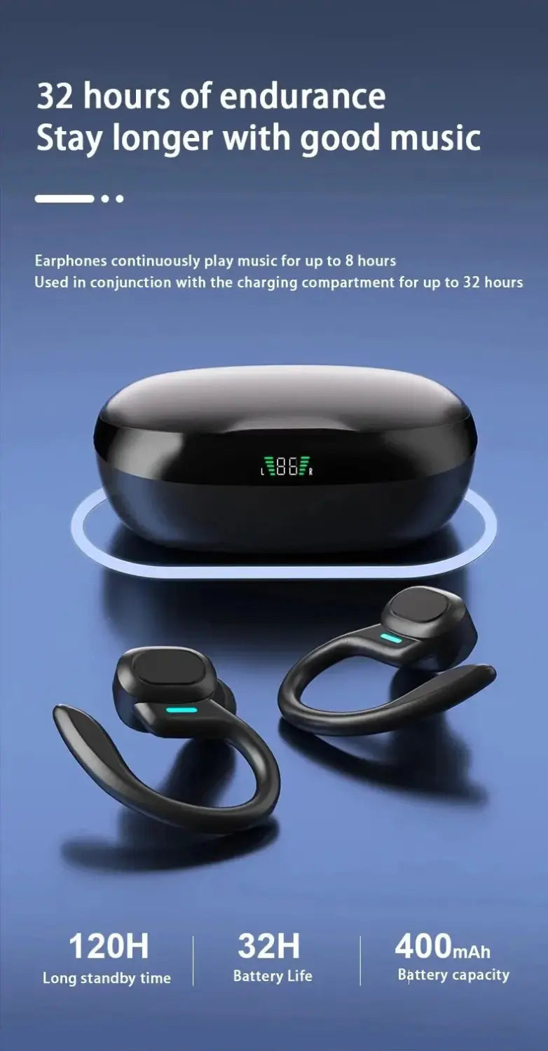 black wireless sport earbuds with hook-style design and teal accent lights shown alongside their sleek charging case featuring hifi stereo sound and vocalism principle technology