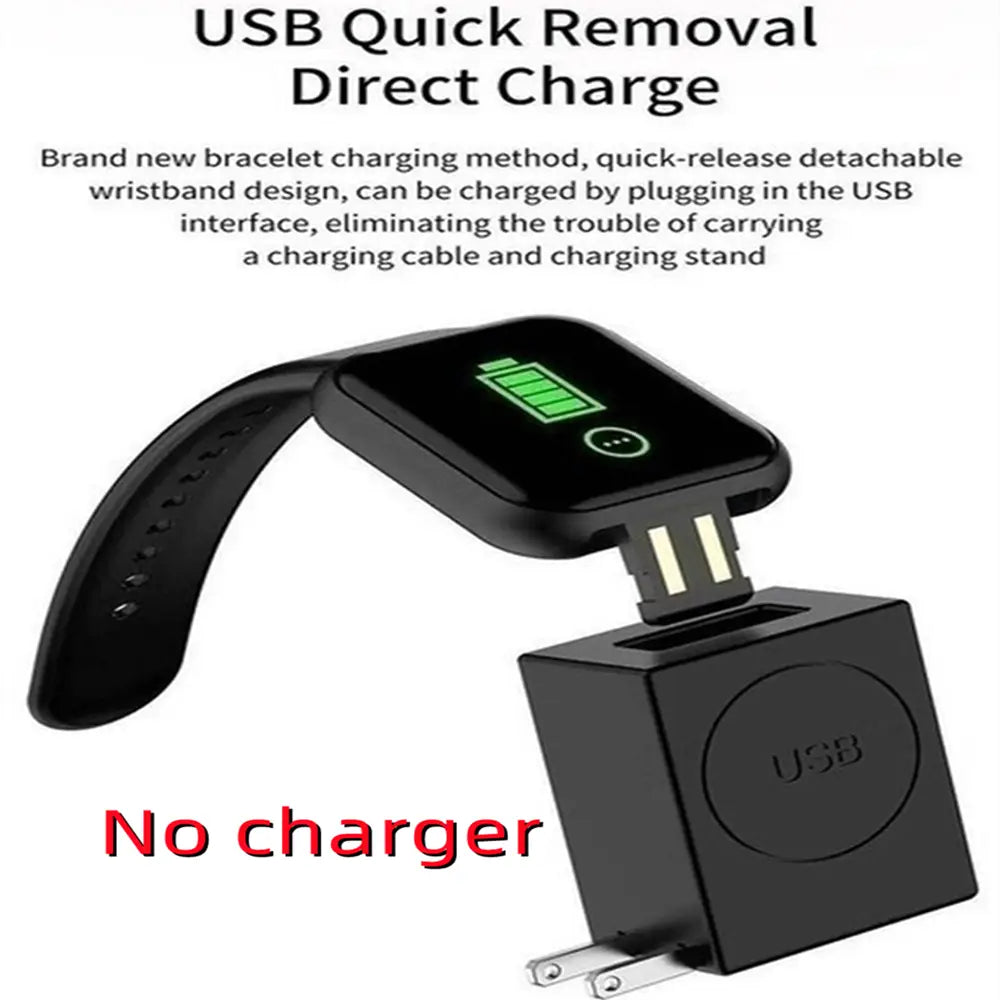 Black USB direct charge smart watch fitness tracker with detachable band and rectangular charging adapter for sport and Bluetooth connectivity.