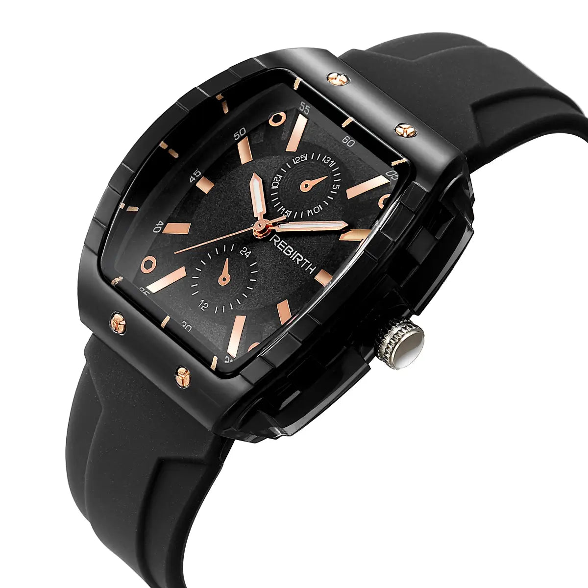 Black rectangular silicone casual watch with rose gold accents and a black rubber strap designed for everyday wear.