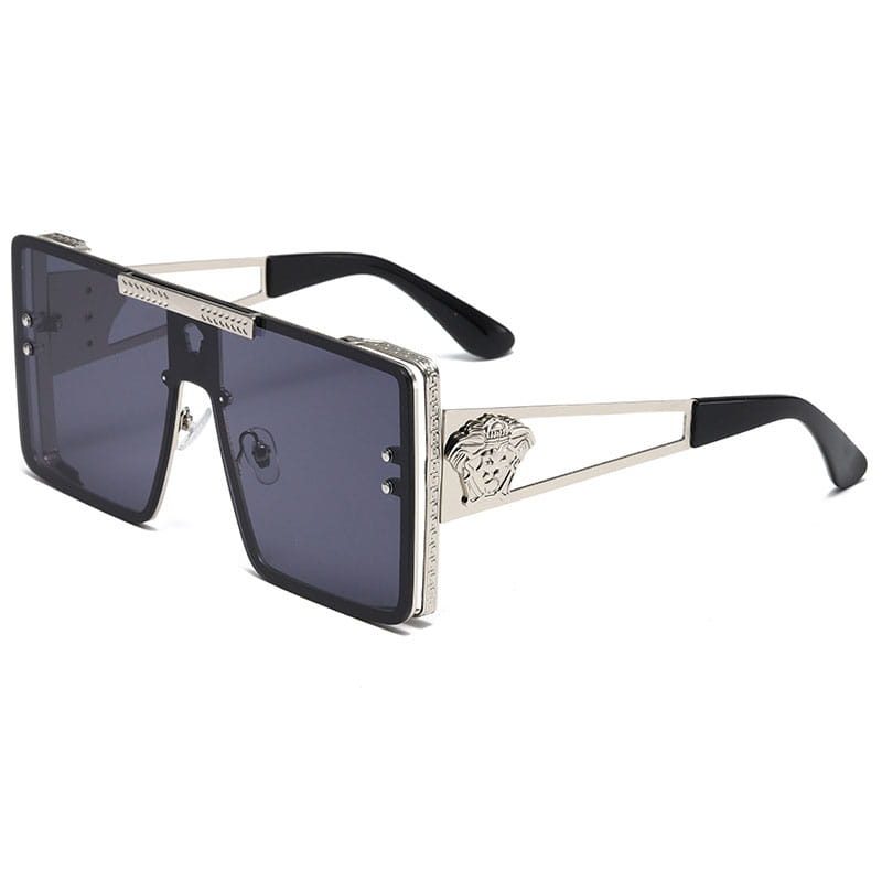 Polarized oversized metal sunglasses for adults featuring silver-framed square lenses with black temple tips and a Medusa head emblem on the side.