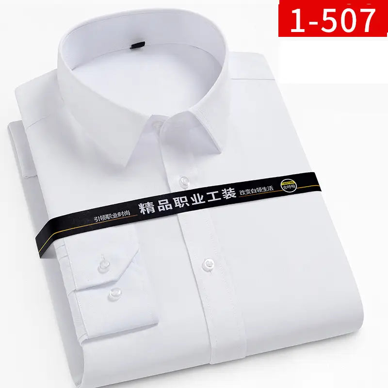 A crisp white men plus size cotton long sleeve formal dress shirt with a classic collar and buttoned cuffs neatly folded and wrapped in branded packaging.
