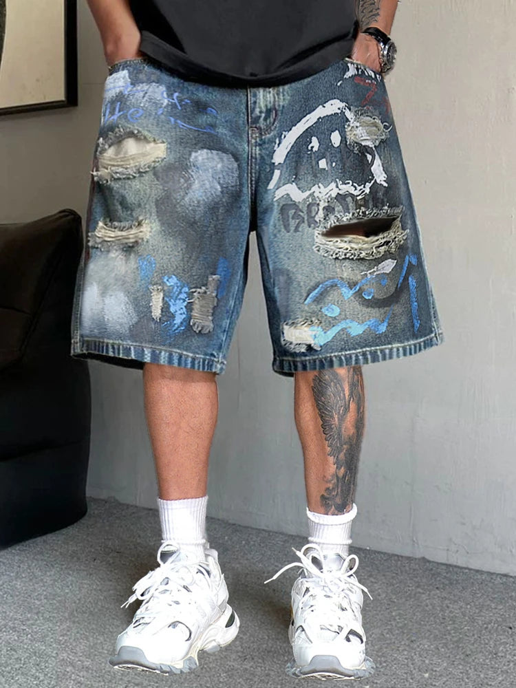 2026New Men Vintage Washed Denim Shorts Smiley Graffiti Distressed Ripped Jeans Shorts Street Fashion Casual Knee Length Bottoms