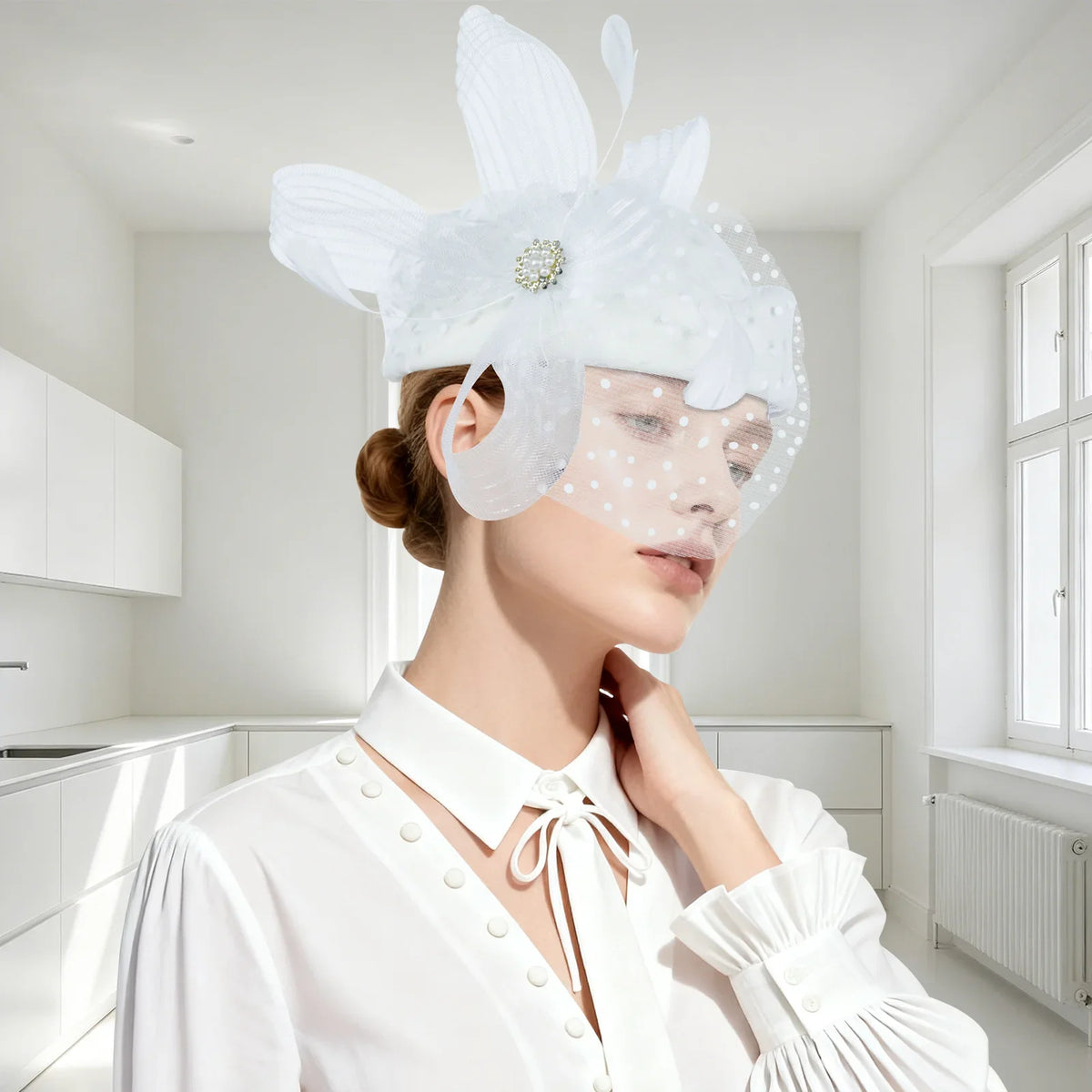 Women Bridal Fascinator with Feathers Dot Print Veil Elegant Pillbox Hats for Tea Party Wedding Church Fedoras Headscarf Bonnet