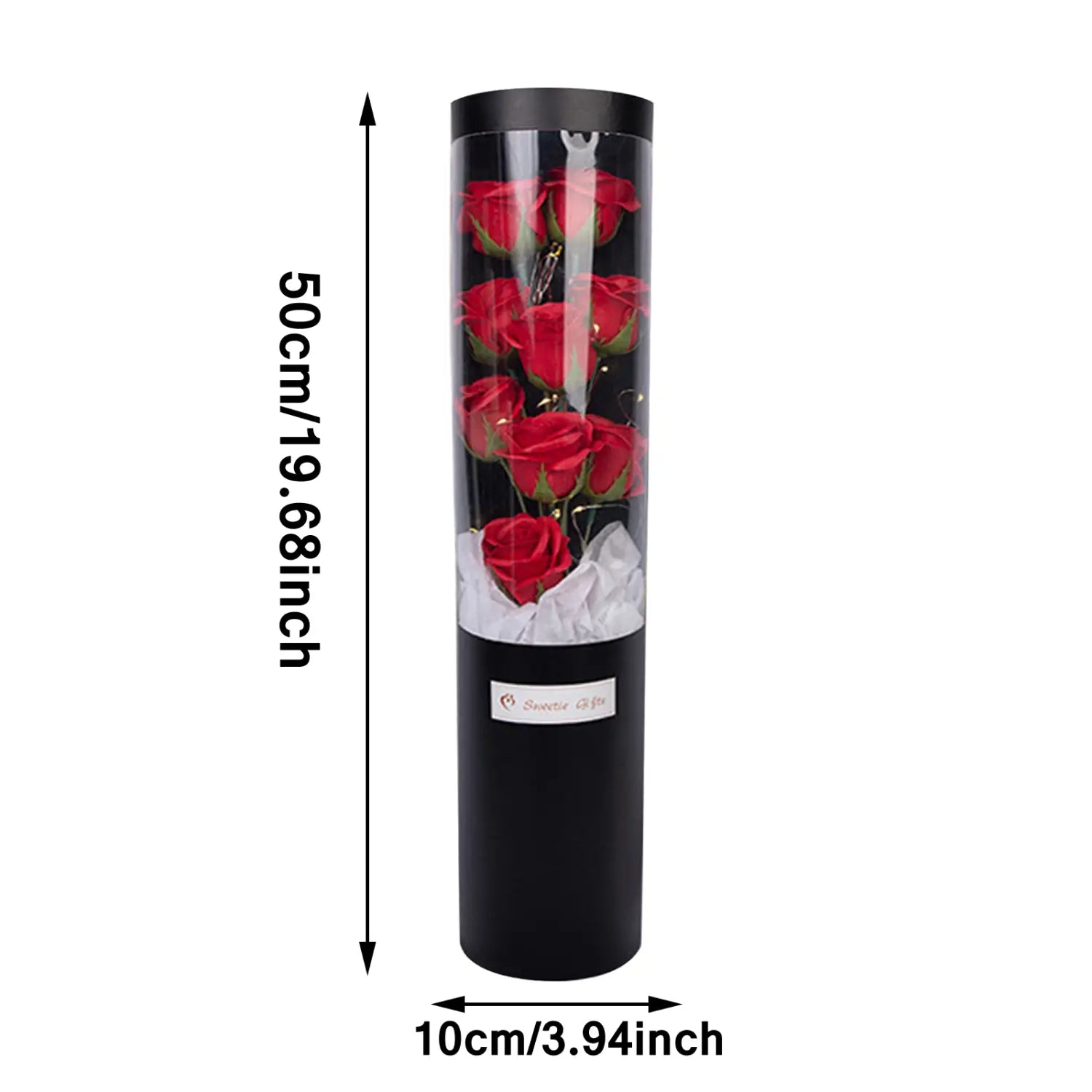 Schwarzer zylindrischer Behälter mit leuchtenden roten LED-Rosen-Seifenblumen in einer Geschenkschachtel, die für den Valentinstag gestaltet ist