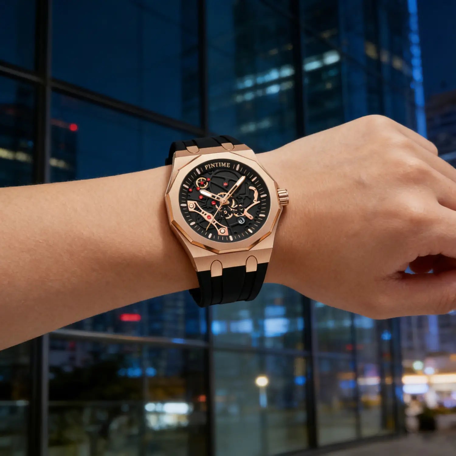 Pintime men luxury skeleton quartz watch featuring a rose gold case with visible mechanical gears and a black rubber strap.