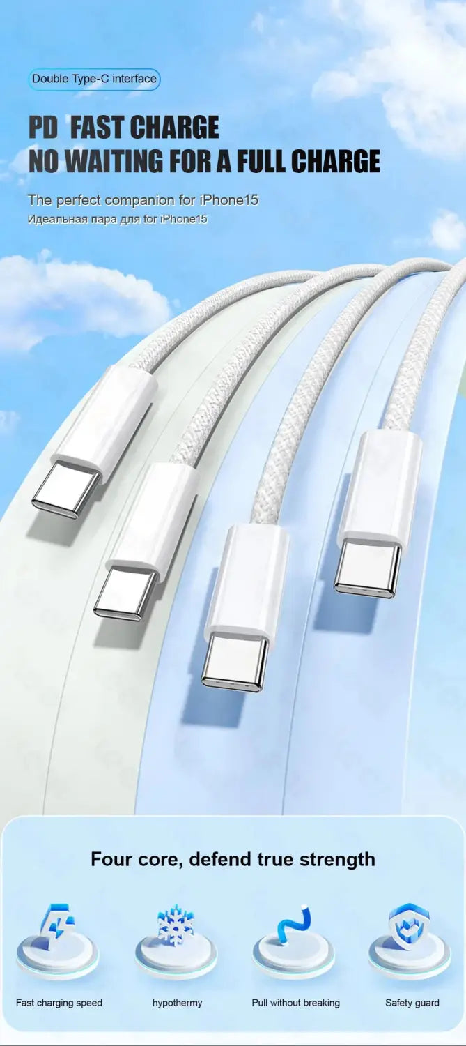 White braided USB-C charging cable with sleek and durable design for 60w fast iPhone charging.