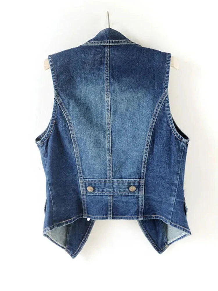 Casual Female Tops Women Denim Vest Jacket Spring Autumn Clothes Sleeveless Short Jeans Waistcoats Single-Breasted 5XL