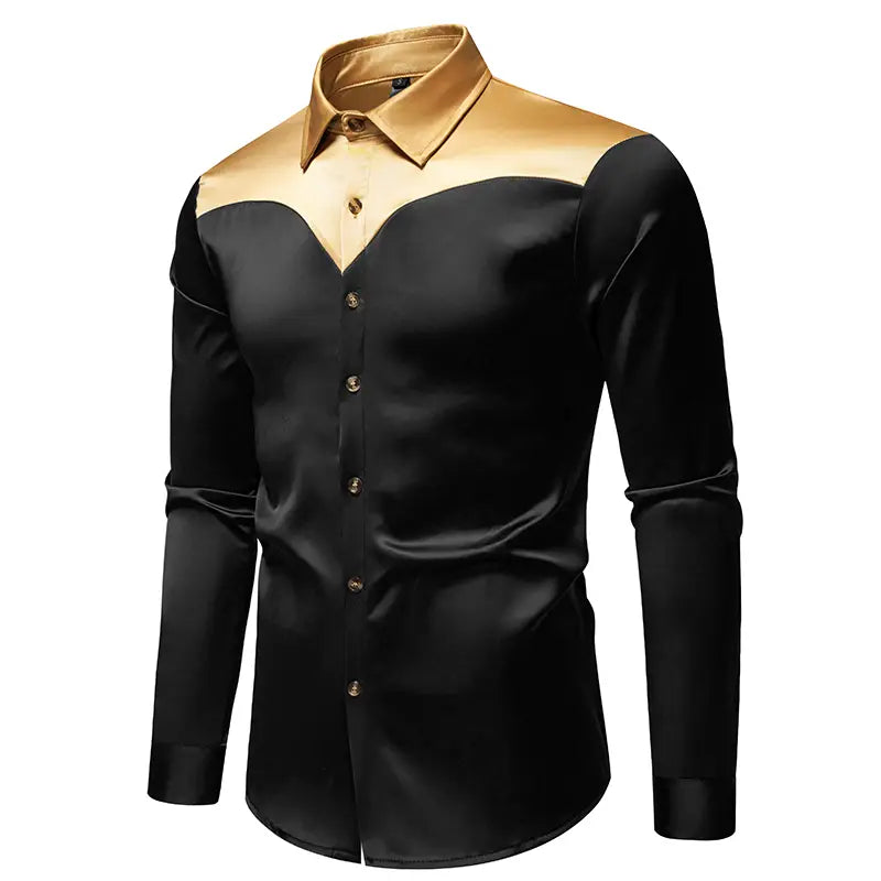 Herrenhemd mit goldfarbenem Besatz aus Satin in Schwarz und Gold mit modernem, elegantem Design und Knopfhemd-Stil.