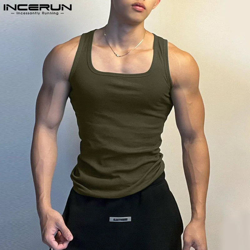 2023 Men Tank Tops Solid Color O-neck Sleeveless Streetwear Casual Male Vests Fitness Summer Workout Men Clothing S-5XL INCERUN