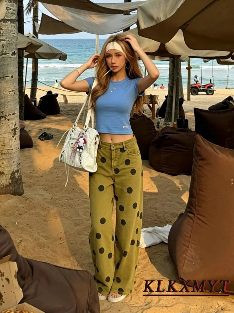 Women Wide-Leg Pants Fashion Elegant High Waist Polka Dot Jeans Pants Spring Summer Chic High Street Pants 2026 New