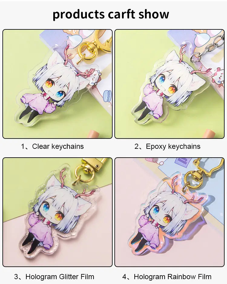 Clear transparent acrylic keychains featuring a custom chibi-style anime character with white hair blue eyes and pink clothing for personalized cartoon charms.