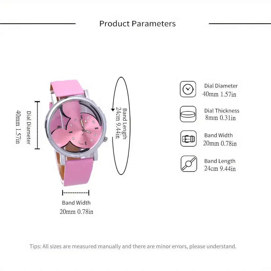 Mickey Mouse leather kids quartz watch with a pink silicone strap, silver-toned case, and a pink floral dial adorned with small crystal accents.