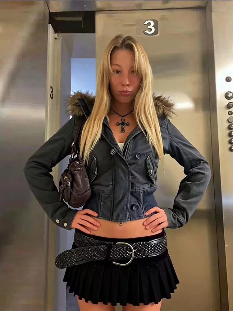Winter Warm Fur Collar Short Jacket Women 2000s Y2K Fleece Padded Parkas Single Breasted Hood Coats High Street Female Outwears
