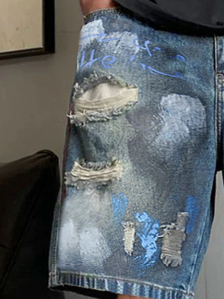 2026New Men Vintage Washed Denim Shorts Smiley Graffiti Distressed Ripped Jeans Shorts Street Fashion Casual Knee Length Bottoms