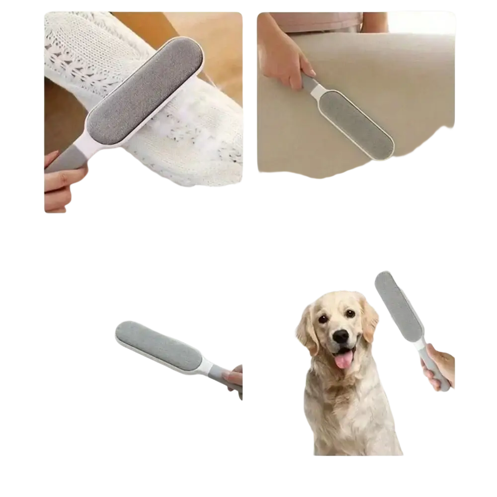 Gray and white double-sided pet hair remover with a soft textured surface for cleaning clothes sofas and carpets
