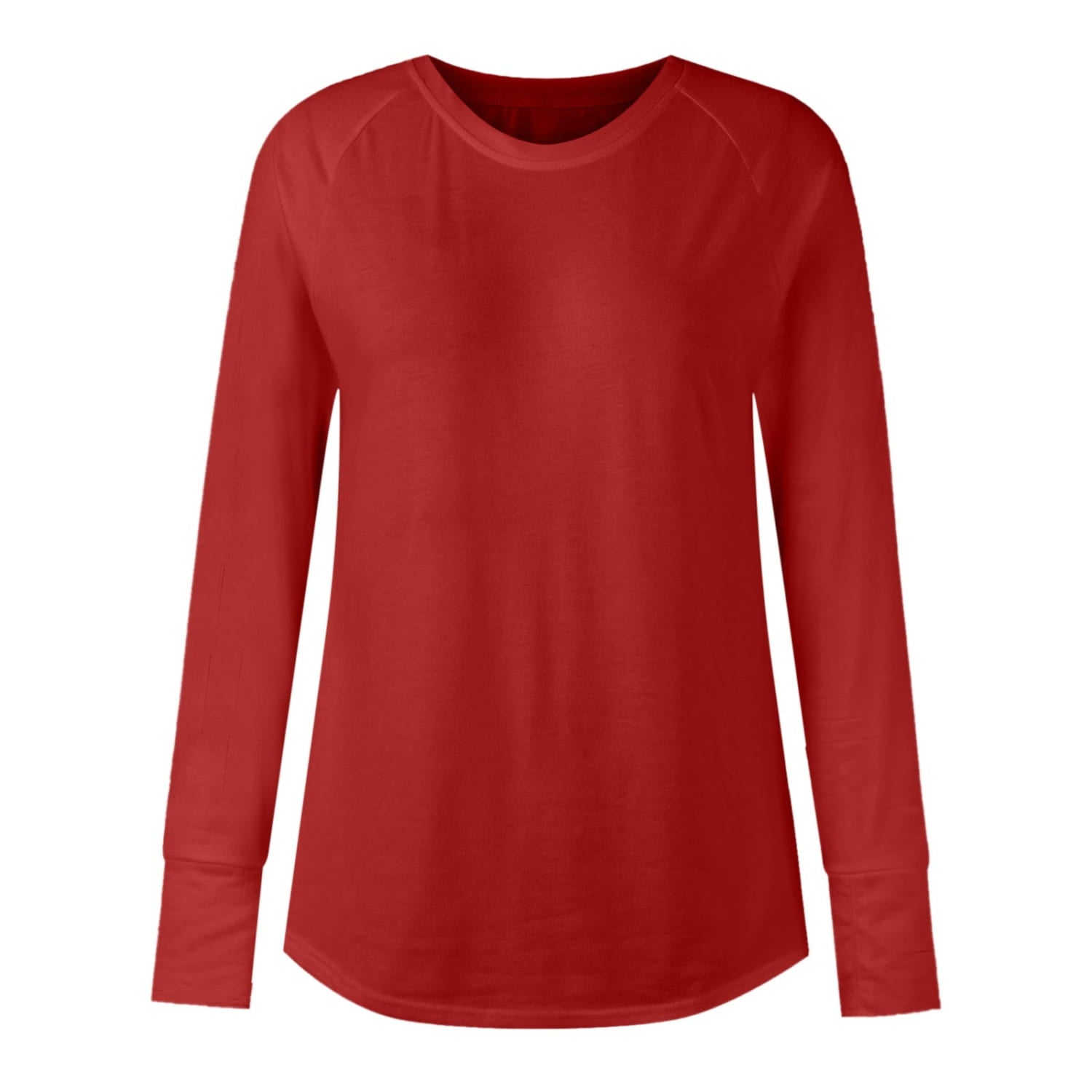 A vibrant red women long sleeve cotton tunic top with a relaxed fit, raglan sleeves, and a round neck.