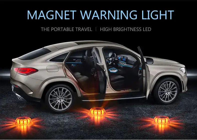 Orange high-brightness led magnet warning lights designed for portable travel in a magnetic led roadside emergency strobe light.