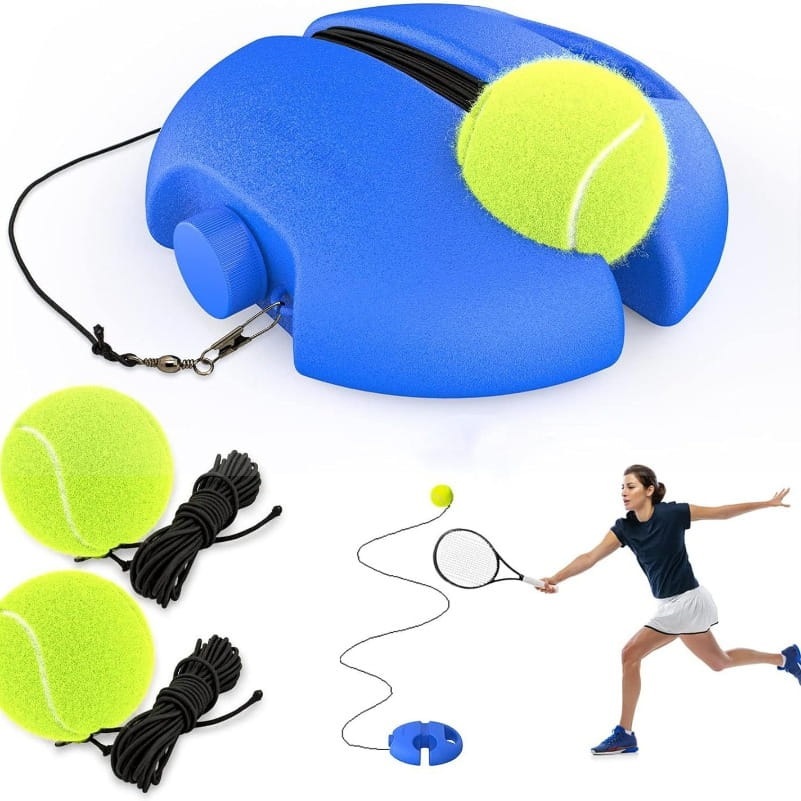 solo tennis trainer rebound ball set featuring a blue textured tennis training aid with a black cord and a yellow-green tennis ball nestled in its curved design