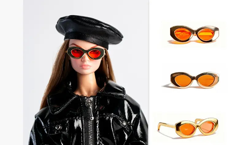 Ein schwarzes Beret aus Lackleder, das von einer Puppe getragen wird, zusammen mit orangefarben getönten Cat-Eye-Sonnenbrillen aus 1/6-Skala futuristischer Puppenbekleidung und Accessoires.