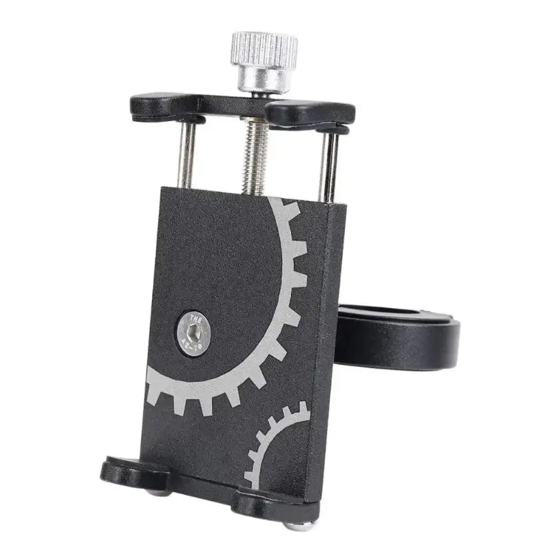 Soporte para teléfono para bicicleta de metal con marco negro de metal, calcomanías plateadas tipo engranaje y una perilla texturizada.