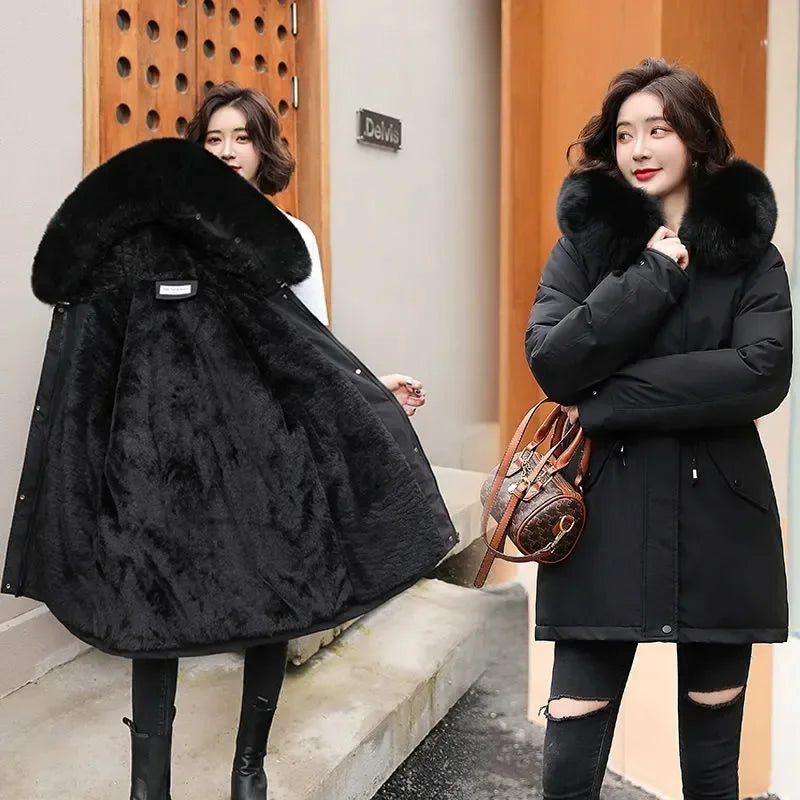 Winter Jacket Women Parka Fashion Long Coat Wool Liner Hooded Parkas Slim With Fur Collar Warm Snow Wear Padded Clothes