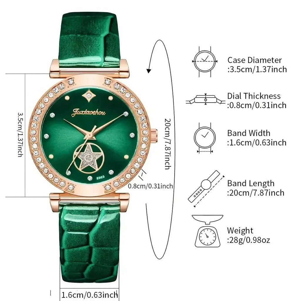 6-piece set of green luxury quartz watches for women, rings, necklaces, earrings, rhinestones, fashionable watches casual ladies