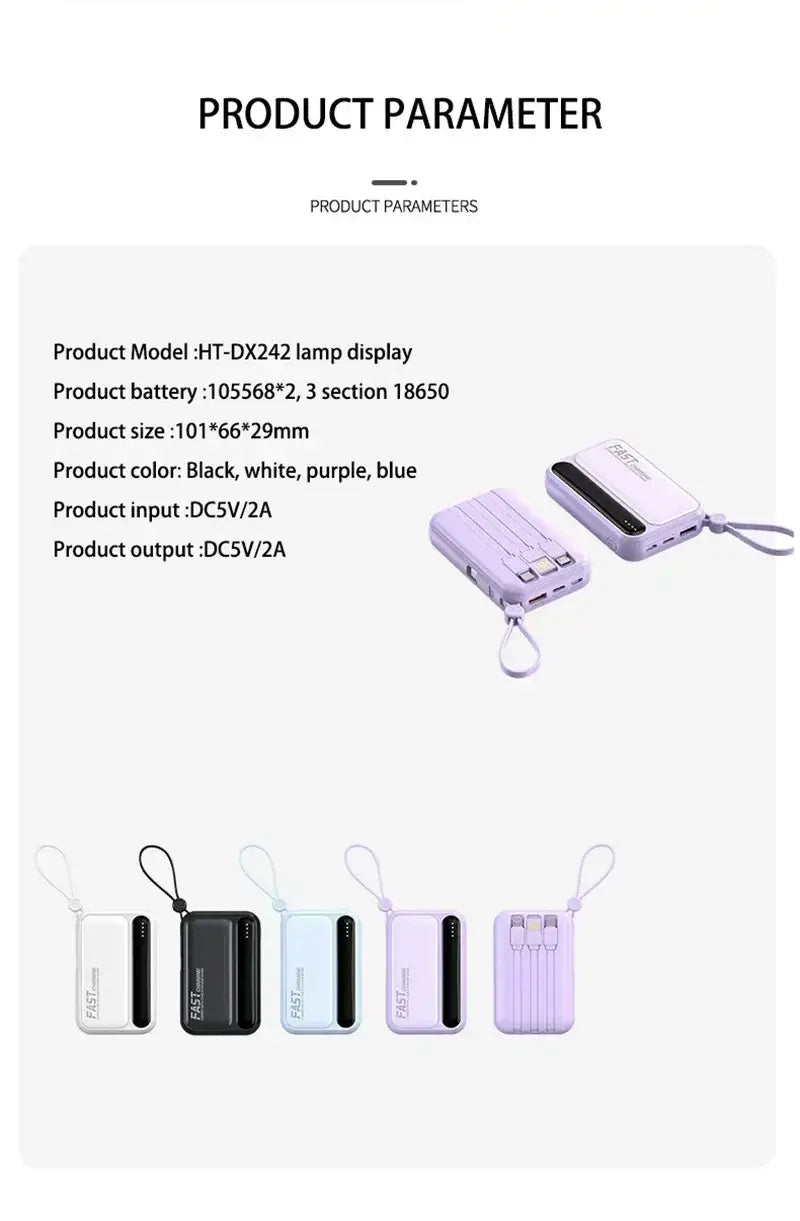 A sleek rectangular power bank with a minimalist soft-touch finish in purple featuring 30000mah capacity and super fast charging with built-in cables.
