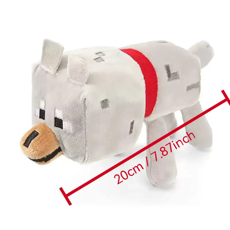 White Minecraft-style wolf plush stuffed animal toy 20cm with a red stripe, black square eyes, and tan nose.