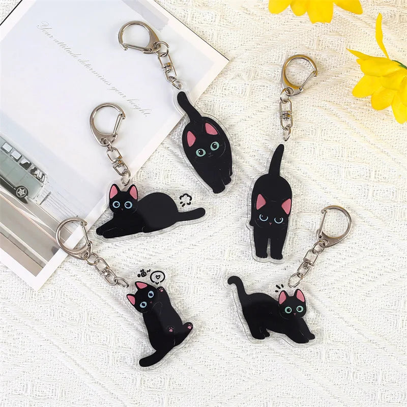 Cute Black Cat Acrylic Keychains Cartoon Animals Kitten Charm Bag Backpack Pendant Car Keyring for Men Women Aaccessories Gifts