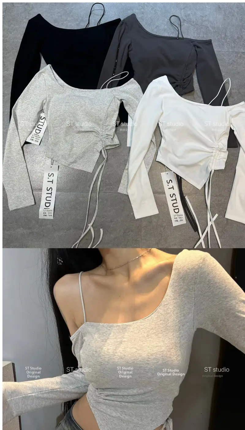 Gray long sleeve crop top with a square neckline and ruched side ties offering a slimming effect suitable for daily wear.