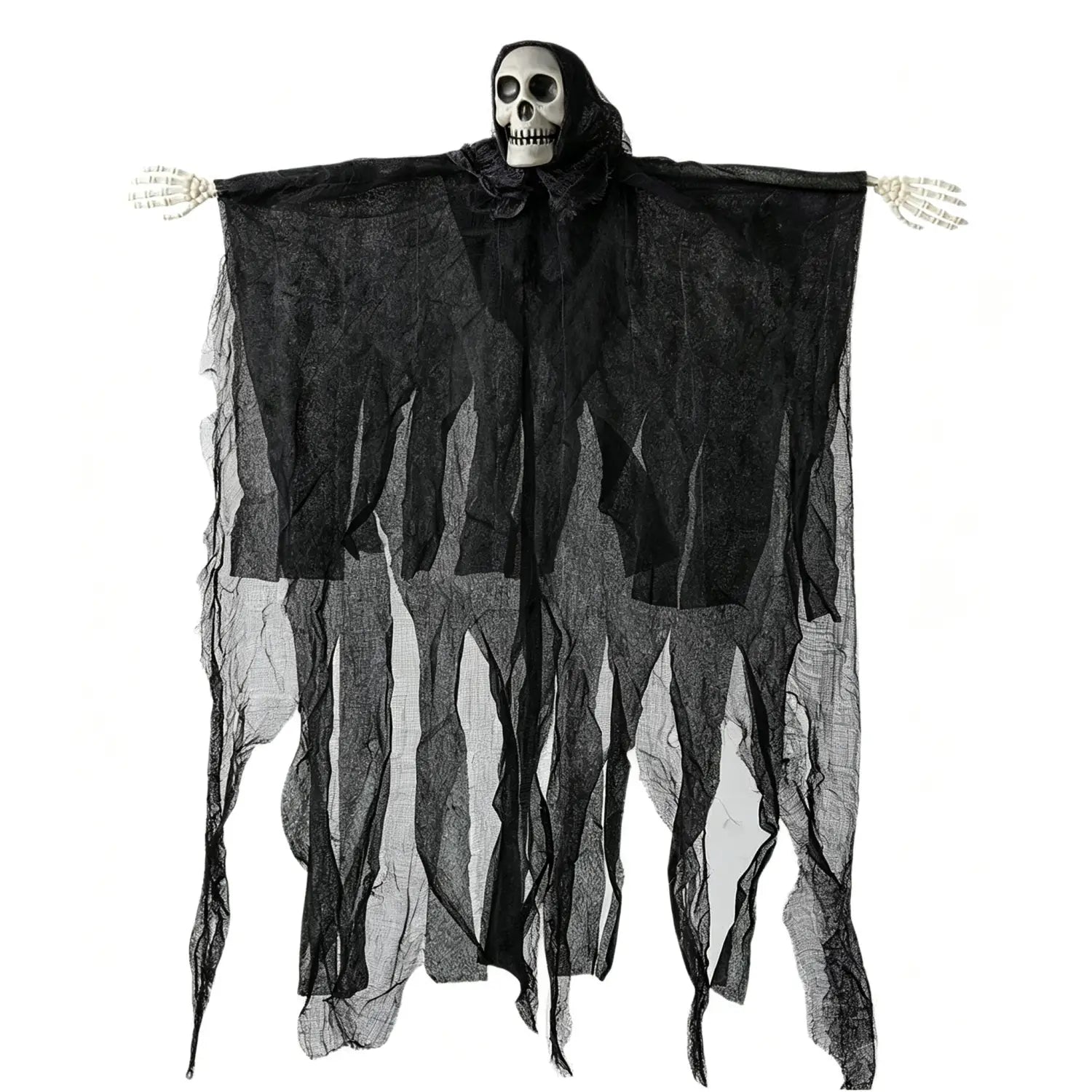Décoration d’Halloween de fantôme squelettique suspendu, présentant un tissu noir déchiré, une tête de crâne blanche et des mains squelettiques.