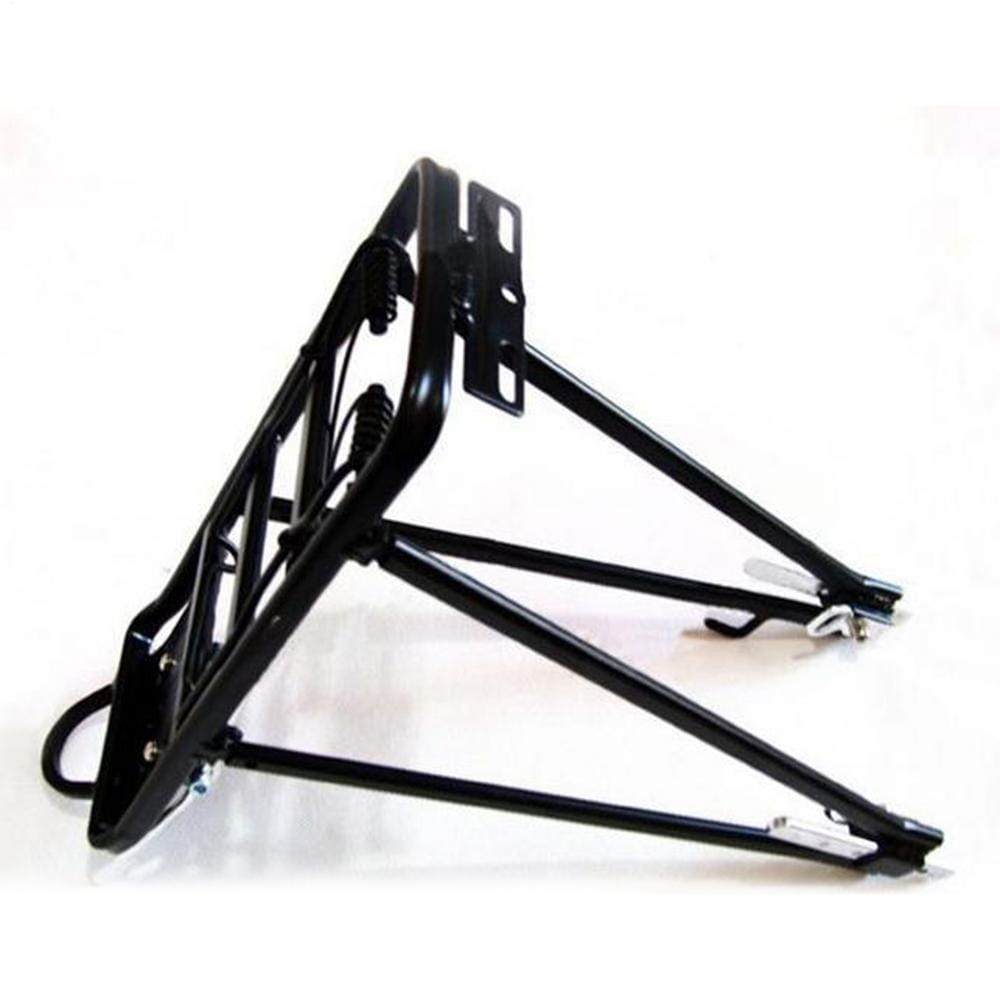 black metal aluminum bike cargo rack with spring-loaded support arms and mounting brackets shown from the back side designed to carry up to 35kg on a rear bicycle carrier
