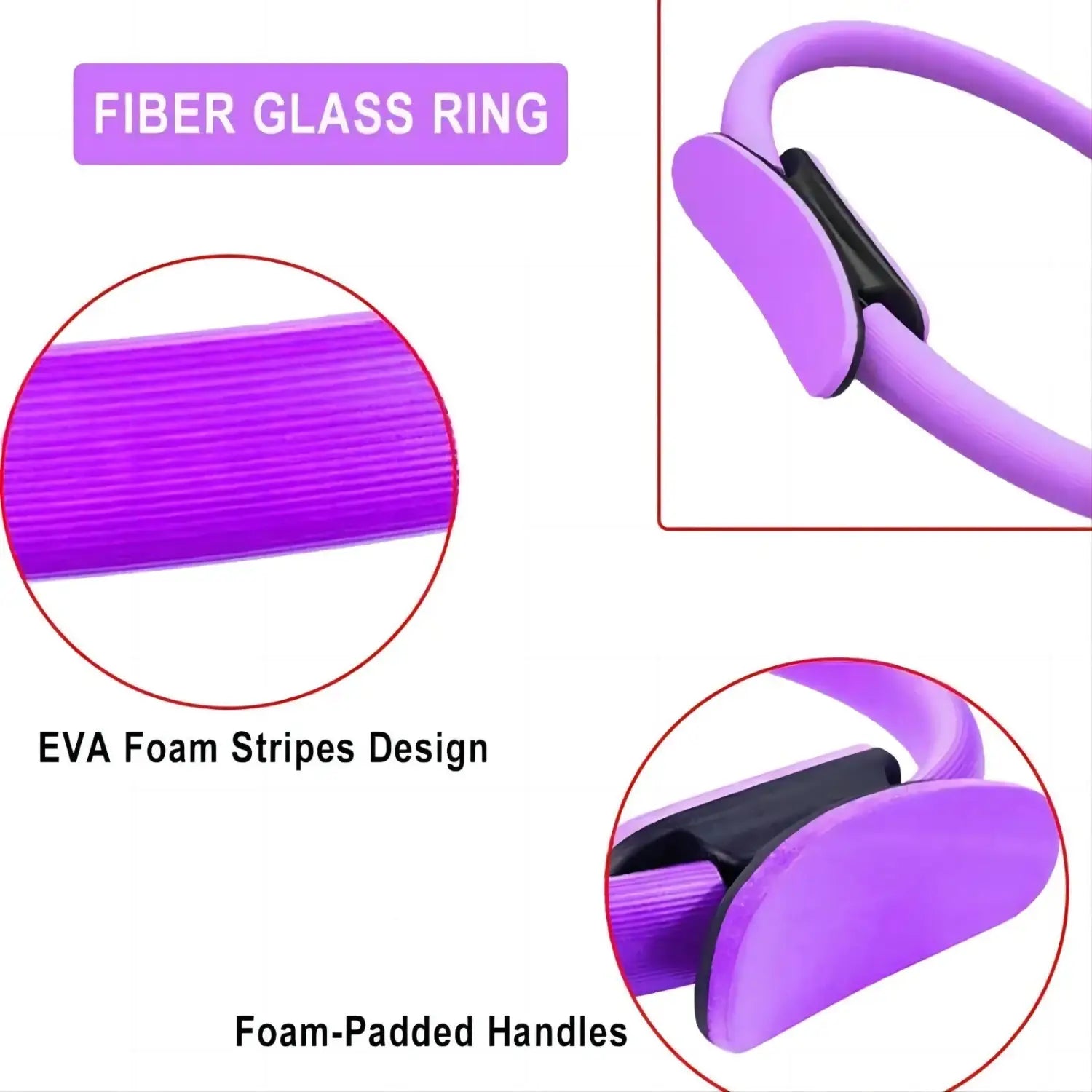 Purple fiberglass Pilates ring with eva foam stripes and foam padded handles in a 5-piece Pilates ring and resistance band set