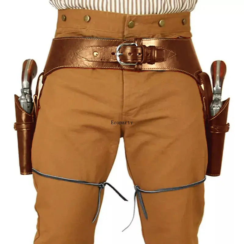brown leather renaissance cowboy double belt revolver holster with brass buckle and two gun holsters each holding a silver revolver designed for captain waistband renaissance style