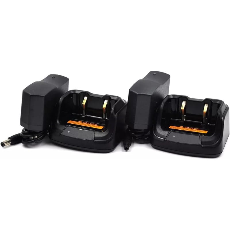 schwarze Kunststoff-Desktop-Dual-Ladegerätbasis ch10l23 mit goldfarbenen Kontakten und orangefarbenen Warnhinweis-Aufklebern für Hytera BD502i, BD552i, BD612i Funkgeräte