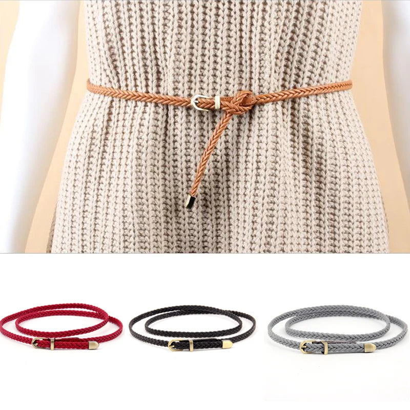 Women Belts Knitting Needle Buckle Without Punching Retro Casual Thin Belt for Dress Shirt Clothing Belt Waist Rope Decorative