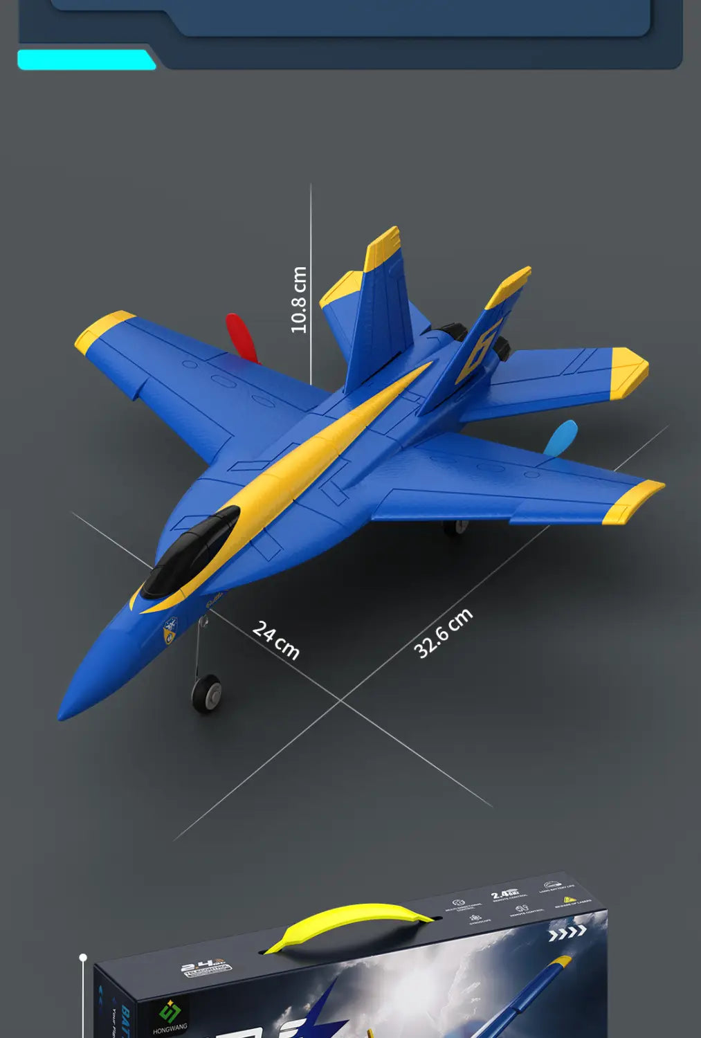 Remote control F18 Hornet foam glider jet in blue and yellow with a sleek aerodynamic design and glossy plastic finish.
