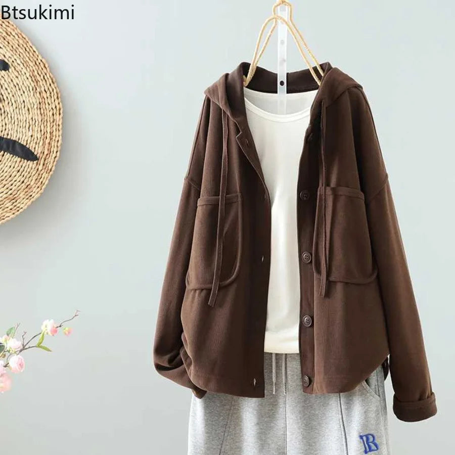 New Women's Casual Loose Hoodies Solid Color Cotton Simple Coats Spring Autumn Double Pockets Hooded Jackets Women Sweatshirts
