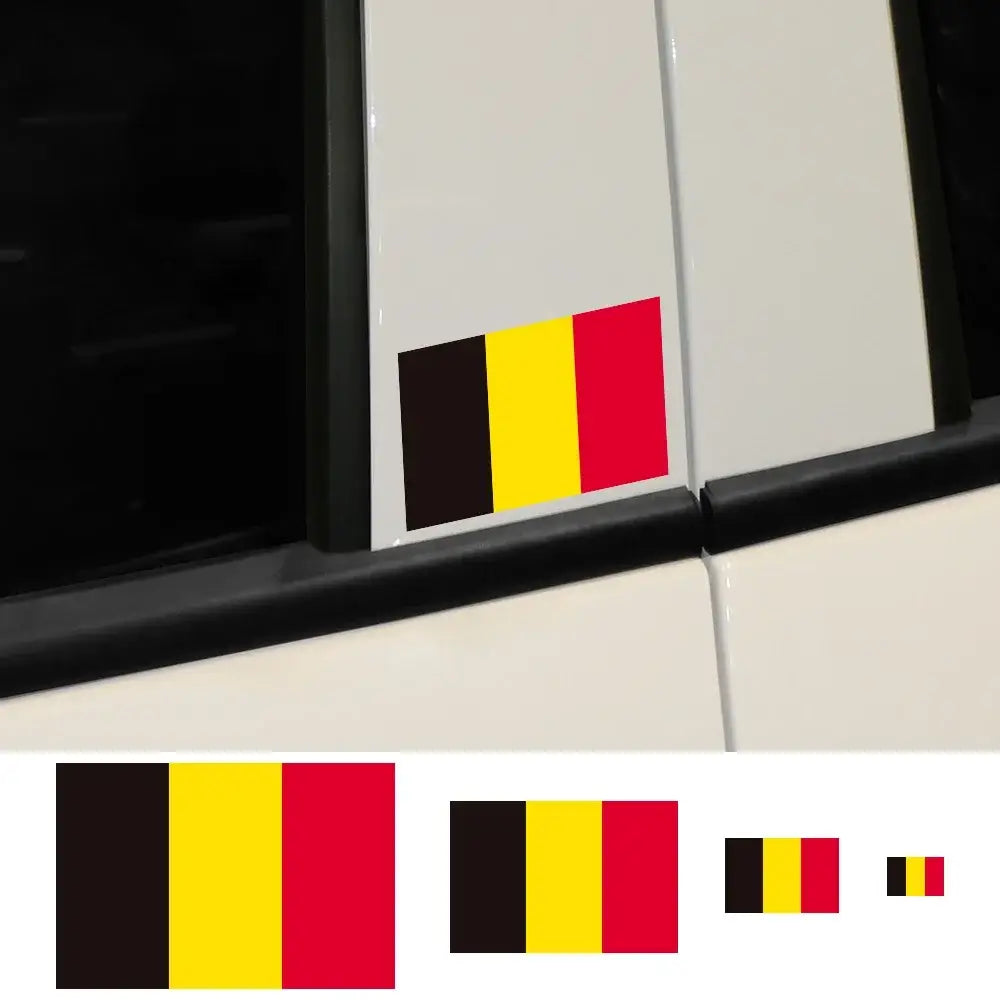 a rectangular belgian flag car sticker featuring vertical black yellow and red stripes made of pvc waterproof decal material