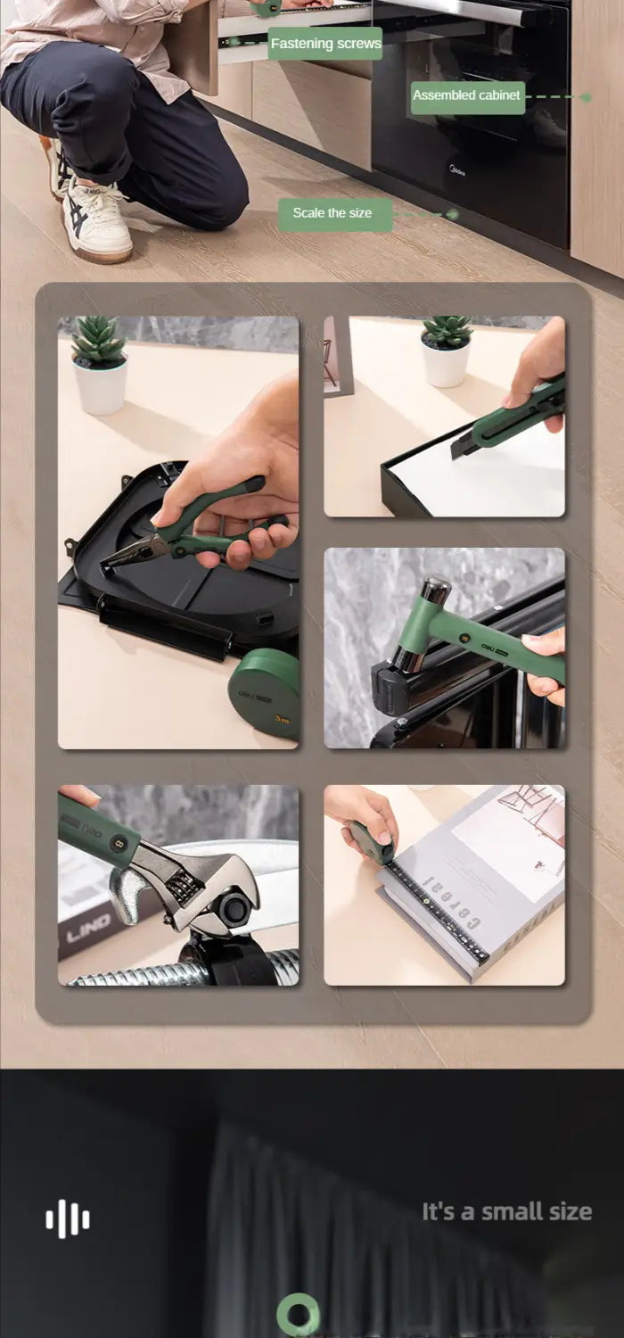 Deli multitool hand repair tool kit featuring a green-handled multi-tool with various precision instruments for diy assembly and repair tasks.
