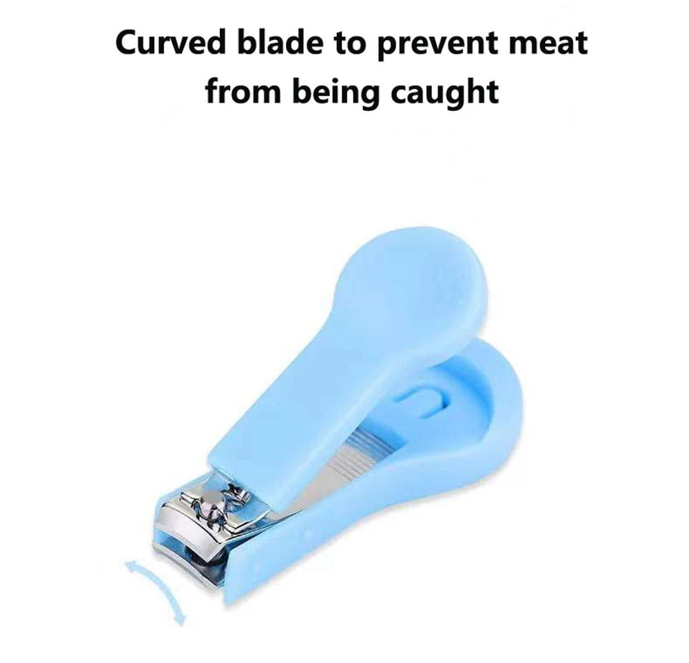 Hellblauer Kunststoff-Baby-Nagelclipper mit gekrümmter Metallklinge, enthalten in einem Baby-Gesundheits- und Pflege-Set.