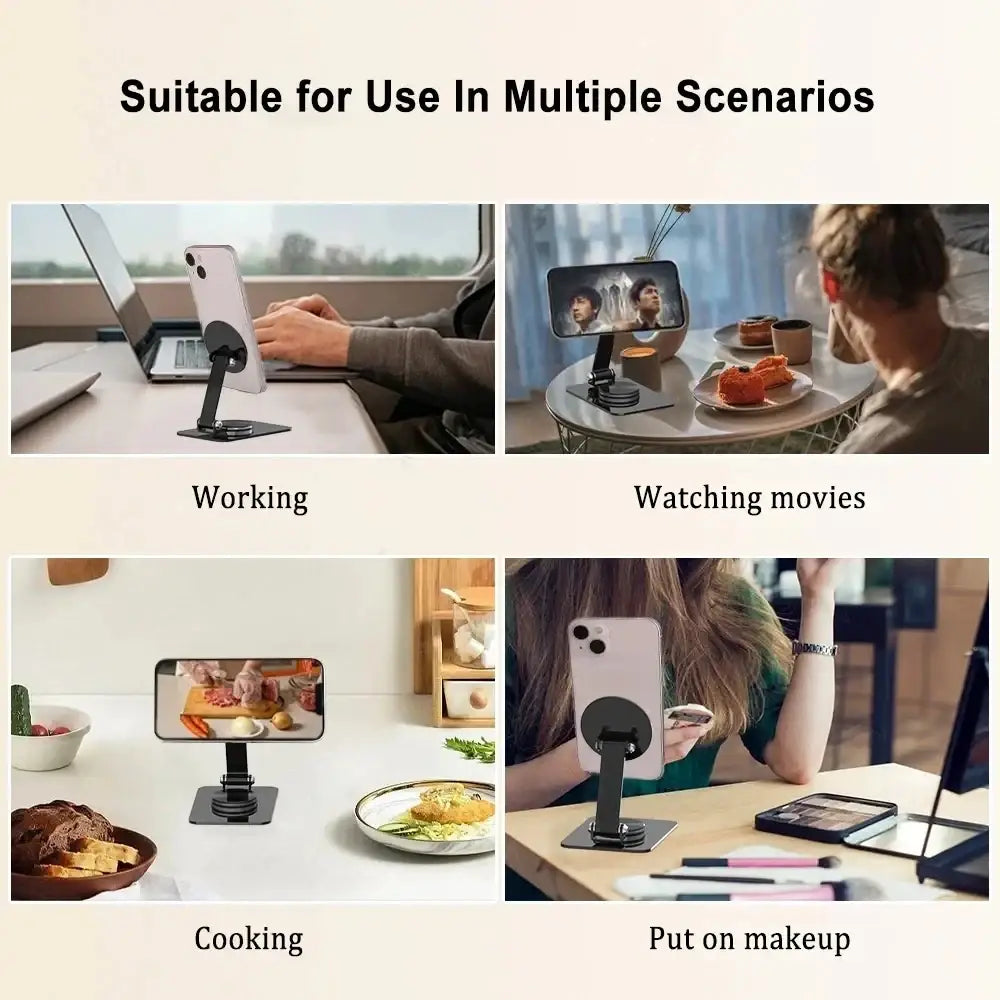 Black adjustable phone holder with circular magnetic base and articulated arm for pro max phone stand 360° rotation