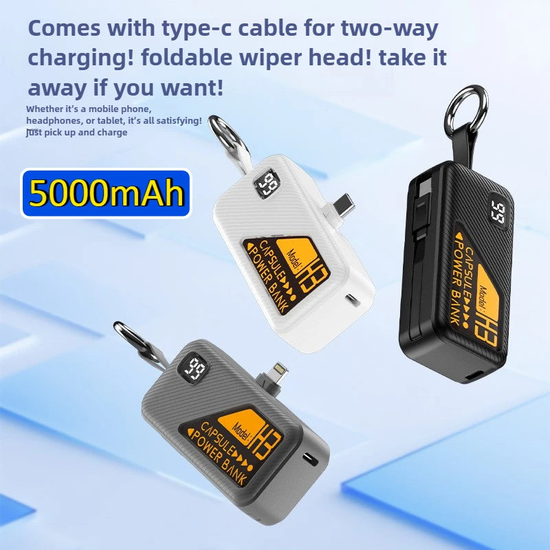 Mini Portable Power Bank 5000mAh PD20W Fast Charger Built-in Cable Digital Display External Battery For IOS Android Smartphones