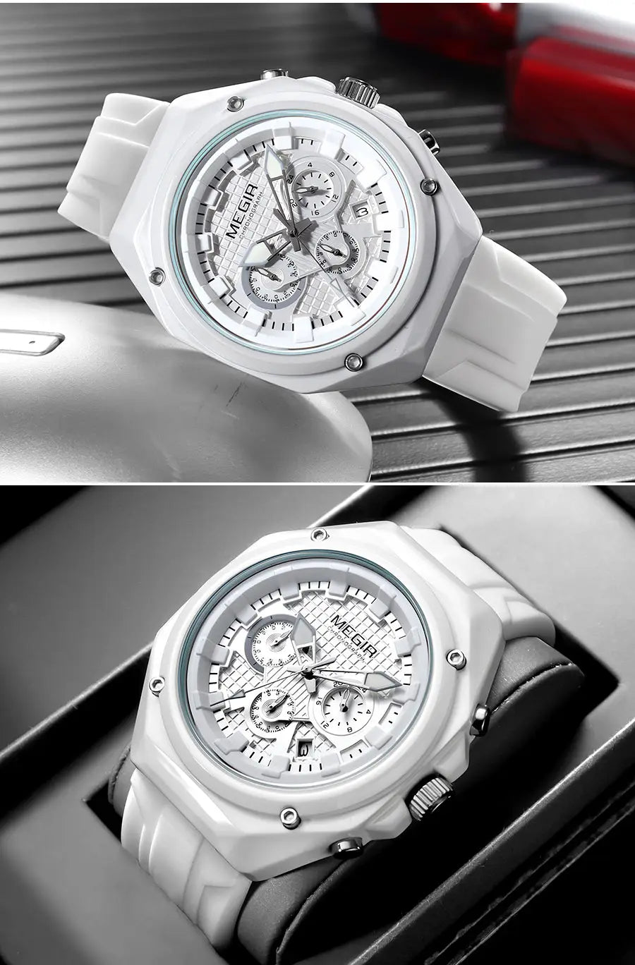 White ceramic Megir sport chronograph watch with a sleek modern design silver-toned accents and a silicone strap.